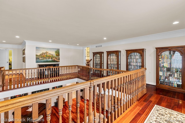 5626 Shadow Ln, Bloomfield Hills, MI 48302 - hall featuring an upstairs landing, wood finished floors, ornamental molding, and recessed lighting