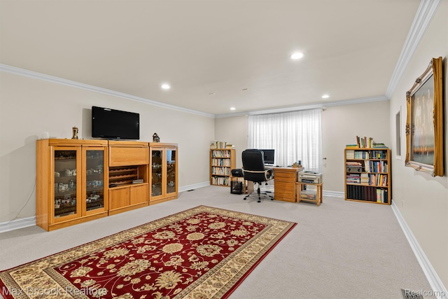 5626 Shadow Ln, Bloomfield Hills, MI 48302 - office area featuring carpet flooring, ornamental molding, and recessed lighting