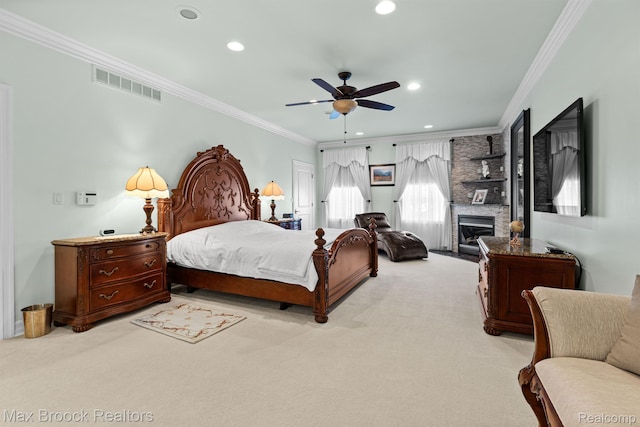 5626 Shadow Ln, Bloomfield Hills, MI 48302 - bedroom featuring ornamental molding, light colored carpet, recessed lighting, a ceiling fan, and a large fireplace