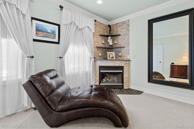 5626 Shadow Ln, Bloomfield Hills, MI 48302 - living room featuring carpet floors, ornamental molding, and a stone fireplace