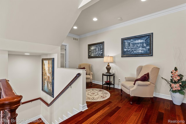 5626 Shadow Ln, Bloomfield Hills, MI 48302 - living area featuring an upstairs landing, recessed lighting, ornamental molding, and wood finished floors