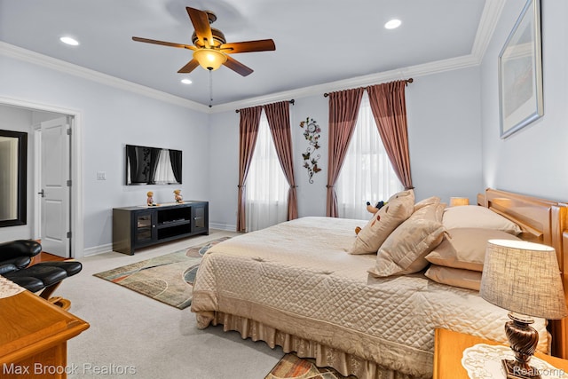 5626 Shadow Ln, Bloomfield Hills, MI 48302 - bedroom with crown molding, carpet floors, recessed lighting, and a ceiling fan