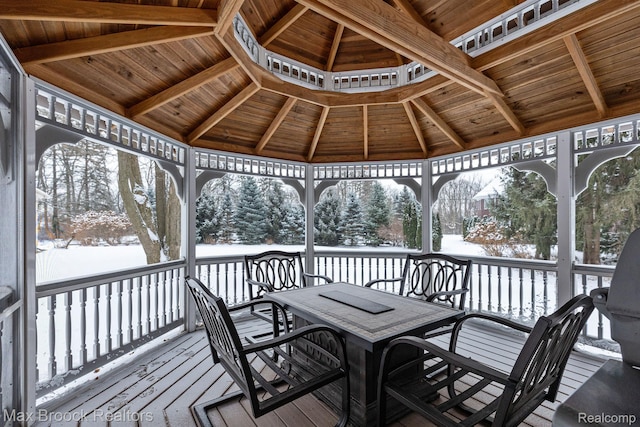 5626 Shadow Ln, Bloomfield Hills, MI 48302 - snow covered deck featuring outdoor dining area, a gazebo, and view of wooded area