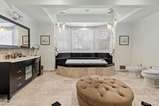 5626 Shadow Ln, Bloomfield Hills, MI 48302 - full bathroom with a bidet, vanity, crown molding, tiled bath, and decorative backsplash