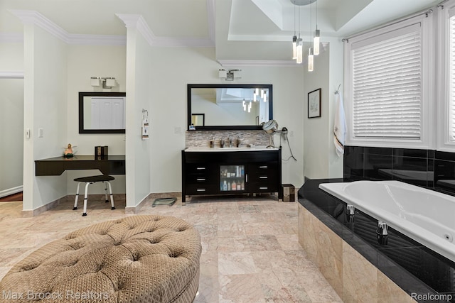 5626 Shadow Ln, Bloomfield Hills, MI 48302 - full bath with crown molding, a tub with jets, vanity, and marble finish flooring