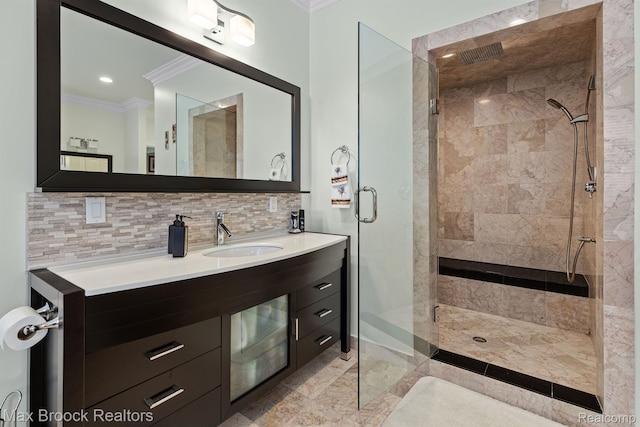 5626 Shadow Ln, Bloomfield Hills, MI 48302 - full bathroom featuring crown molding, a stall shower, vanity, backsplash, and marble finish floors