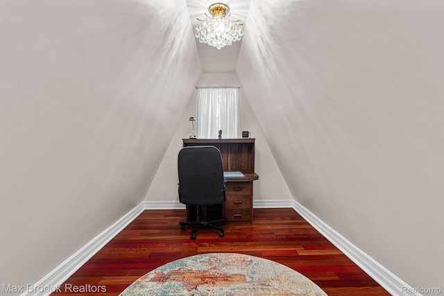5626 Shadow Ln, Bloomfield Hills, MI 48302 - office space featuring a chandelier, wood finished floors, and vaulted ceiling