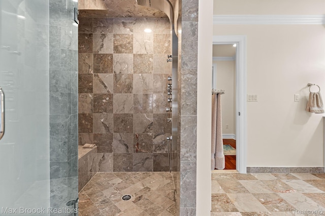 5626 Shadow Ln, Bloomfield Hills, MI 48302 - full bathroom featuring ornamental molding and a shower stall
