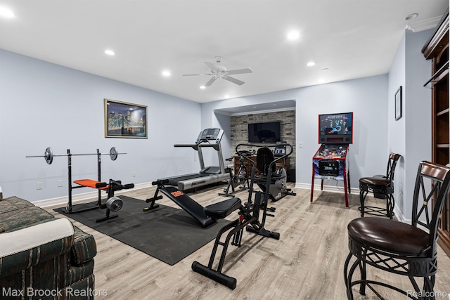 5626 Shadow Ln, Bloomfield Hills, MI 48302 - exercise area featuring light wood finished floors, recessed lighting, and a ceiling fan
