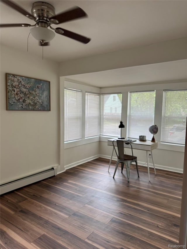 1741 Academy St, Ferndale, MI 48220 - office area featuring healthy amount of natural light, baseboard heating, ceiling fan, and dark wood-type flooring