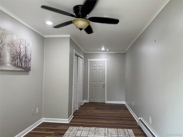 1741 Academy St, Ferndale, MI 48220 - hall featuring a baseboard radiator, wood finished floors, crown molding, and recessed lighting