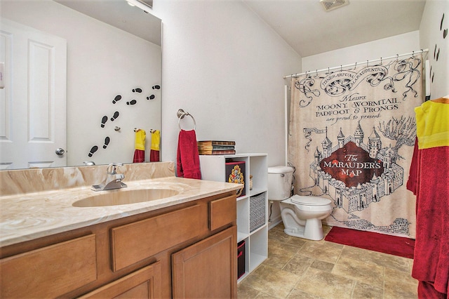 8855 Geiser Grv, Richland, MI 49083 - bathroom with vanity, stone finish floors, and curtained shower