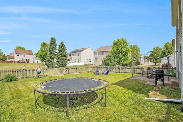 8855 Geiser Grv, Richland, MI 49083 - fenced backyard with a trampoline, a patio area, and a residential view