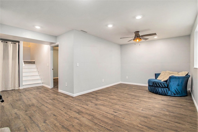 8855 Geiser Grv, Richland, MI 49083 - unfurnished room with recessed lighting, wood finished floors, stairs, and a ceiling fan