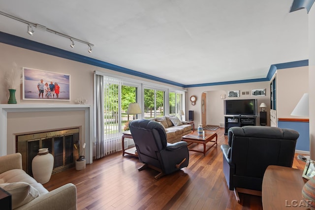 1043 Orchard Rd, Adrian, MI 49221 - living room with arched walkways, wood-type flooring, a glass covered fireplace, and track lighting