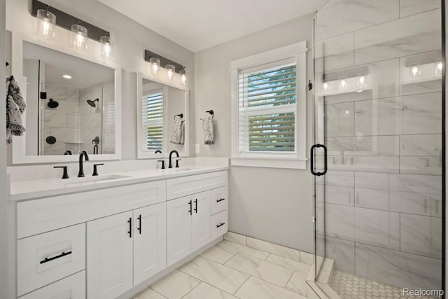 423 N Altadena Ave, Royal Oak, MI 48067 - bathroom featuring double vanity, a stall shower, and marble finish flooring