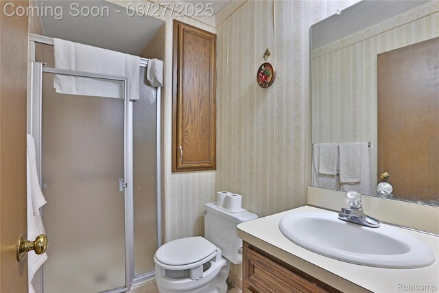 42471 Arcadia Dr, Sterling Heights, MI 48313 - bathroom featuring wallpapered walls, vanity, and a stall shower
