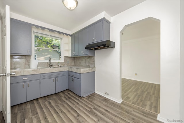 20258 Caldwell St, Detroit, MI 48234 - kitchen with gray cabinets, under cabinet range hood, light countertops, wood finished floors, and tasteful backsplash
