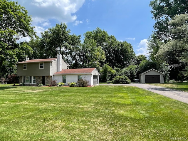 21150 E Chigwidden St, Northville, MI 48167 - view of front of home with a garage, a front lawn, stone siding, a chimney, and an outdoor structure