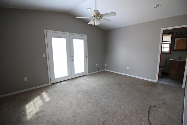 25652 Chernick St, Taylor, MI 48180 - unfurnished room with french doors, ceiling fan, carpet flooring, and vaulted ceiling