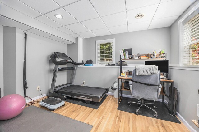 21008 Tamarack Rd, Howard City, MI 49329 - workout area featuring wood finished floors, healthy amount of natural light, a drop ceiling, and recessed lighting