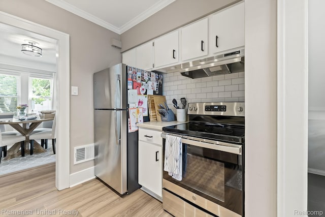 535 S Edison Ave, Royal Oak, MI 48067 - kitchen featuring stainless steel appliances, under cabinet range hood, decorative backsplash, crown molding, and white cabinetry