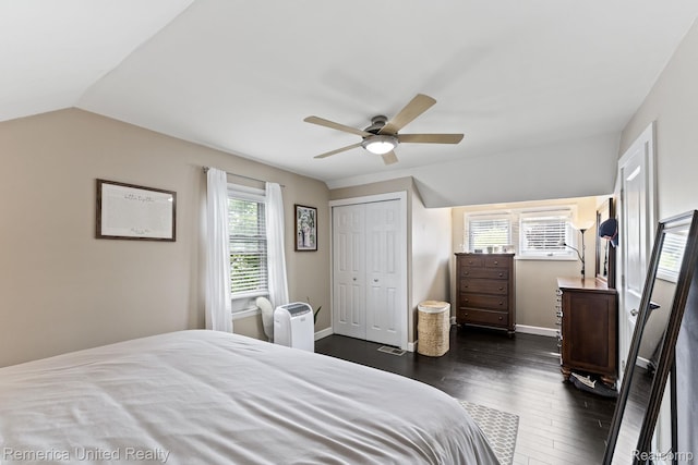 535 S Edison Ave, Royal Oak, MI 48067 - bedroom featuring dark wood-style flooring, lofted ceiling, ceiling fan, and a closet