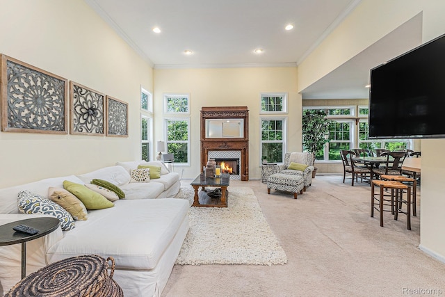 6155 Carey Rd, Commerce Twp, MI 48382 - carpeted living area featuring ornamental molding, a lit fireplace, and recessed lighting