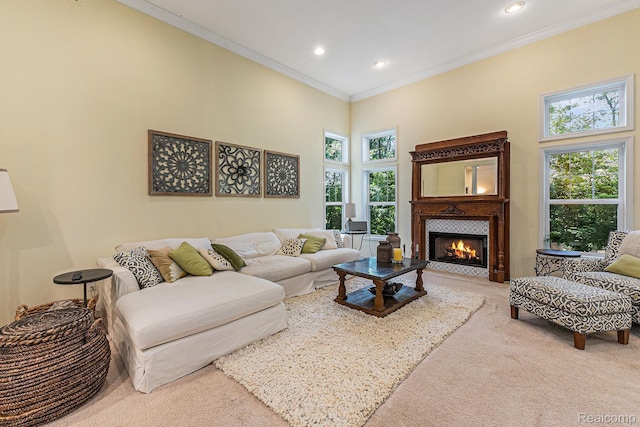 6155 Carey Rd, Commerce Twp, MI 48382 - living area featuring carpet flooring, ornamental molding, recessed lighting, a fireplace, and a high ceiling