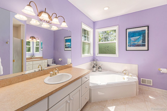 6155 Carey Rd, Commerce Twp, MI 48382 - bathroom with vanity, a bath, tile patterned flooring, and a shower with shower door