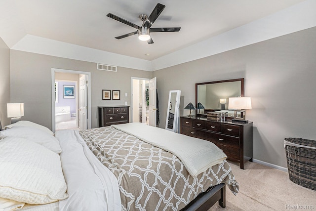 6155 Carey Rd, Commerce Twp, MI 48382 - bedroom with light colored carpet, ensuite bath, and a ceiling fan
