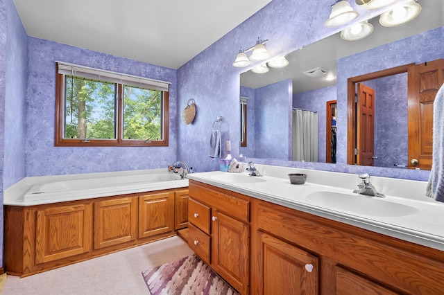 64670 Windrose Way, Lawton, MI 49065 - full bath with double vanity, a bath, and a shower with shower curtain