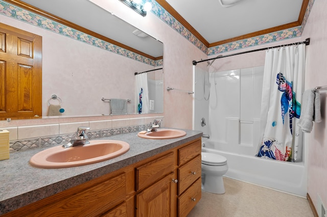 64670 Windrose Way, Lawton, MI 49065 - full bathroom featuring double vanity, shower / tub combo with curtain, and backsplash