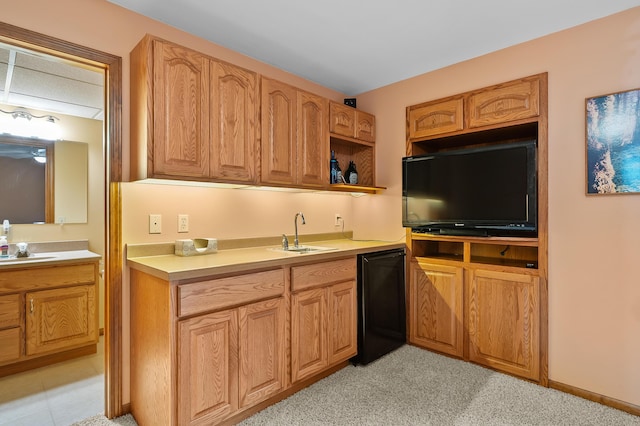 64670 Windrose Way, Lawton, MI 49065 - kitchen featuring light countertops, refrigerator, and light carpet