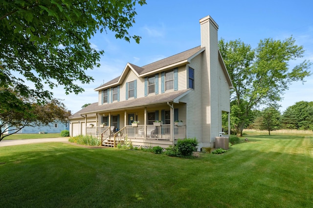 64670 Windrose Way, Lawton, MI 49065 - view of front of property with covered porch, an attached garage, a front yard, driveway, and a chimney