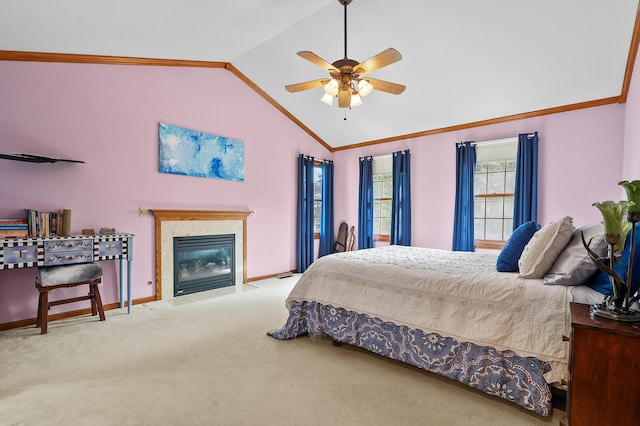 64670 Windrose Way, Lawton, MI 49065 - carpeted bedroom with lofted ceiling, a fireplace with flush hearth, crown molding, and a ceiling fan