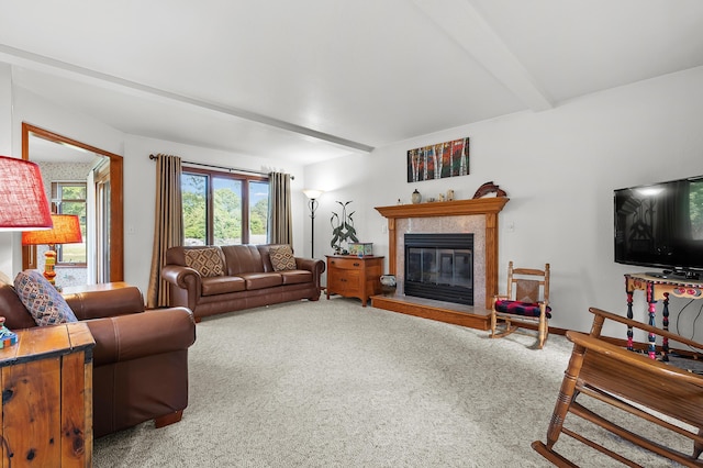 64670 Windrose Way, Lawton, MI 49065 - carpeted living area featuring beamed ceiling and a fireplace