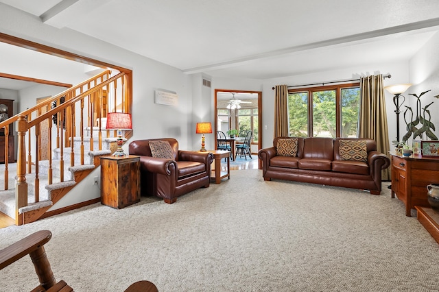 64670 Windrose Way, Lawton, MI 49065 - living room with stairs, carpet floors, and beamed ceiling