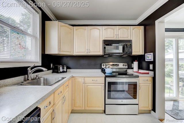 2861 Sunnyknoll Ave, Berkley, MI 48072 - kitchen featuring electric stove, black microwave, light brown cabinetry, ornamental molding, and light countertops