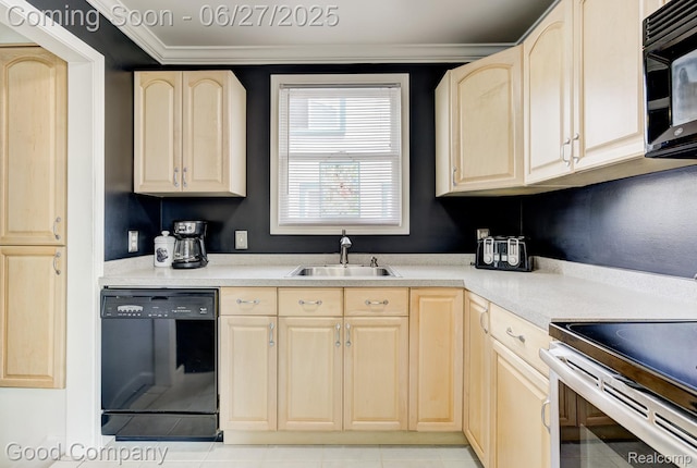 2861 Sunnyknoll Ave, Berkley, MI 48072 - kitchen with black appliances, light brown cabinets, crown molding, and light countertops