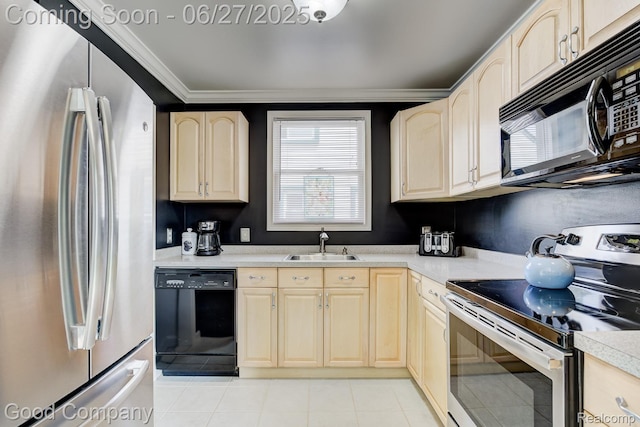 2861 Sunnyknoll Ave, Berkley, MI 48072 - kitchen featuring black appliances, light countertops, light tile patterned floors, light brown cabinetry, and ornamental molding