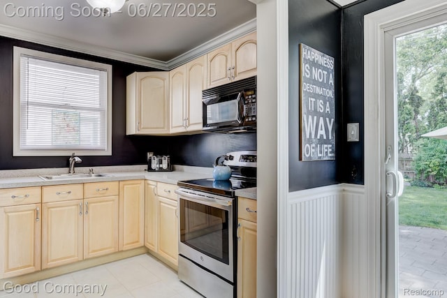 2861 Sunnyknoll Ave, Berkley, MI 48072 - kitchen featuring black microwave, stainless steel range with electric stovetop, light brown cabinets, ornamental molding, and healthy amount of natural light