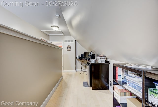 2861 Sunnyknoll Ave, Berkley, MI 48072 - office featuring light wood-style flooring, attic access, and vaulted ceiling