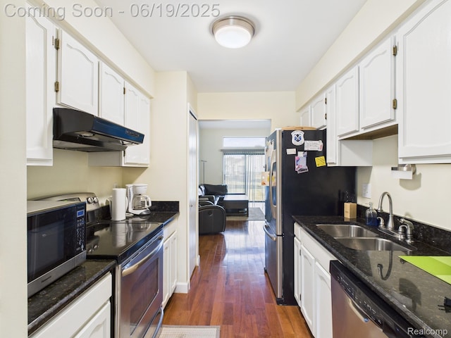 38772 Windmill Pointe N, Clinton Township, MI 48038 - kitchen featuring under cabinet range hood, appliances with stainless steel finishes, white cabinets, and dark wood-type flooring