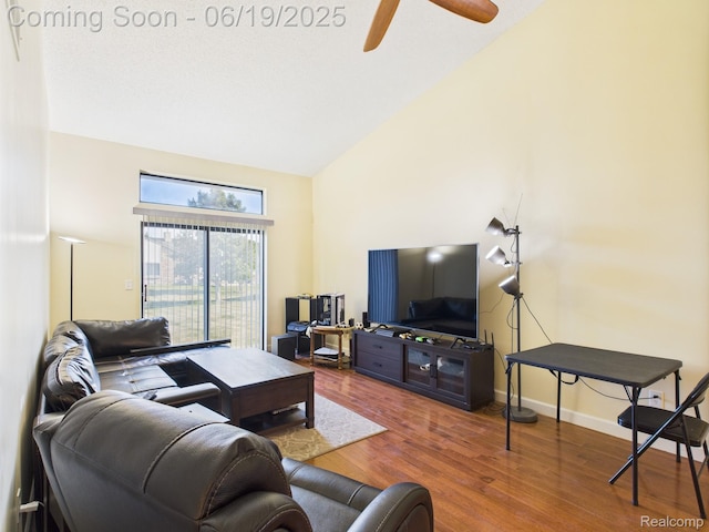 38772 Windmill Pointe N, Clinton Township, MI 48038 - living room featuring high vaulted ceiling, wood finished floors, and a ceiling fan