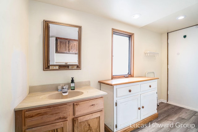 1124 Kusterer Dr NW, Grand Rapids, MI 49534 - bathroom with two vanities, wood finished floors, and recessed lighting