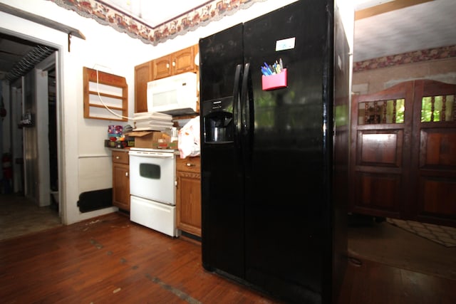 14585 E V Ave, Fulton, MI 49052 - kitchen with white appliances, dark wood-style flooring, and brown cabinetry