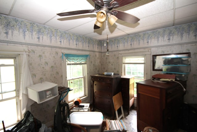 14585 E V Ave, Fulton, MI 49052 - miscellaneous room featuring wallpapered walls, a ceiling fan, and a drop ceiling
