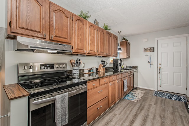 1361 Holmes Rd, Ypsilanti, MI 48198 - kitchen with stainless steel appliances, under cabinet range hood, light wood finished floors, a textured ceiling, and brown cabinetry