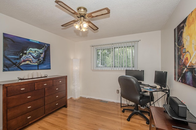 1361 Holmes Rd, Ypsilanti, MI 48198 - home office with light wood-style flooring, a ceiling fan, and a textured ceiling